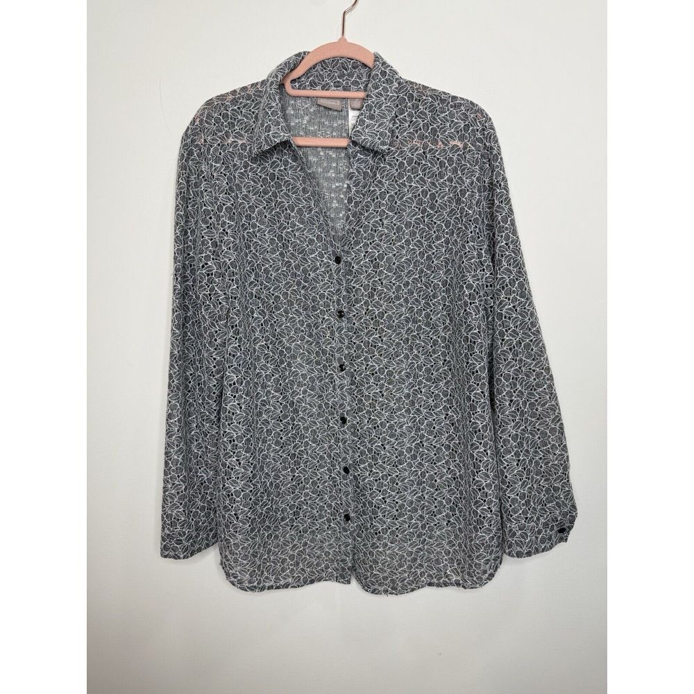 Chicos Top Sz 3 XL‎ 12 Floral Lace Button-Up Shirt Sheer See Through Lightweight